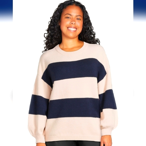 Dreamers, Women's Striped Sweater, Midweight, Peach/Navy, Size XS (Oversized) - Picture 7 of 8